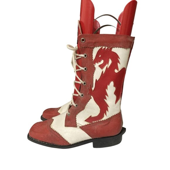 Vintage Calzados Luising Size 37 M(5) W(7) Red White Leather Dragon Boots shoes - Picture 1 of 8